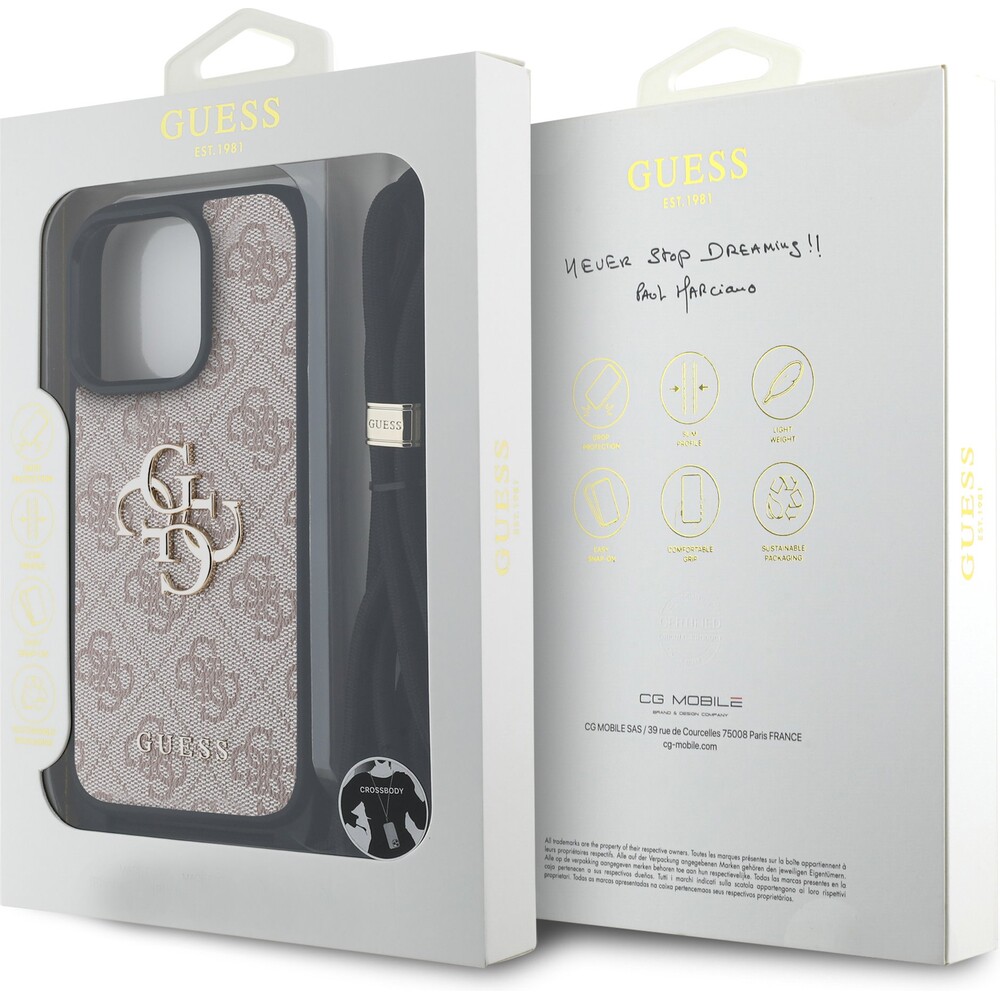 Guess-PU-4G-Metal-Logo-Crossbody-popruh-kryt-iPhone-15-Pro-ruzovy