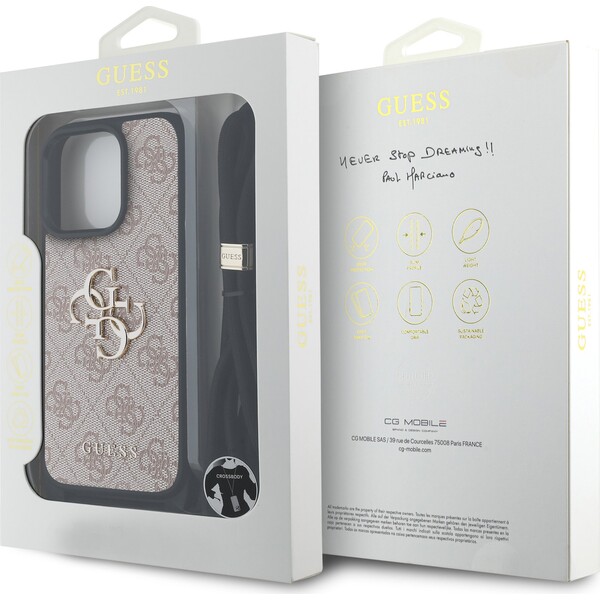 Guess-PU-4G-Metal-Logo-Crossbody-popruh-kryt-iPhone-15-Pro-ruzovy