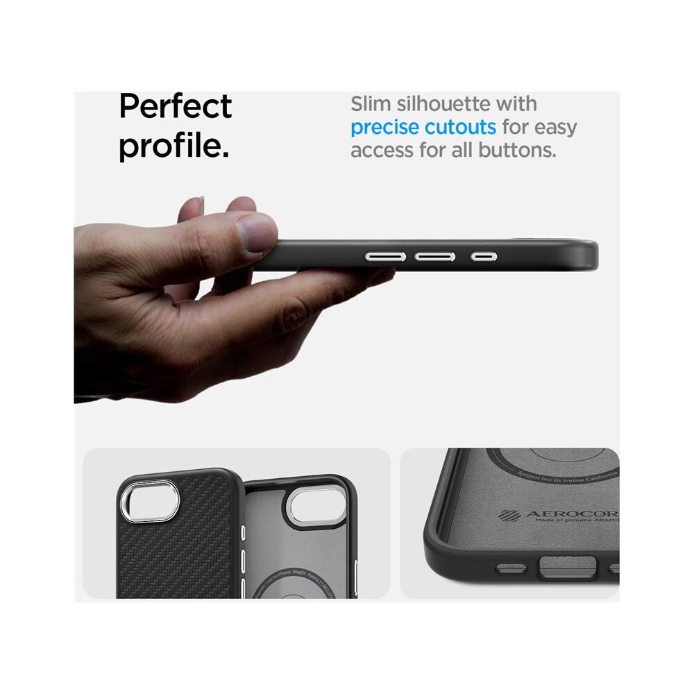 Spigen-Enzo-Aramid-MagSafe-kryt-iPhone-17e-16e-matne-cerny