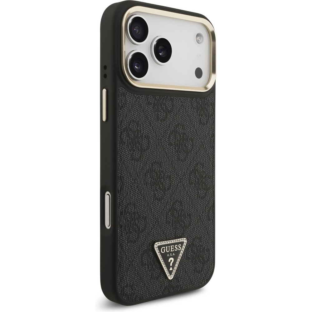Guess-PU-Leather-4G-Triangle-Logo-Gold-Frame-MagSafe-kryt-iPhone-17-Pro-Max-cerny
