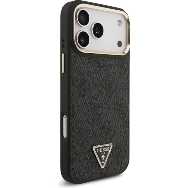 Guess-PU-Leather-4G-Triangle-Logo-Gold-Frame-MagSafe-kryt-iPhone-17-Pro-Max-cerny