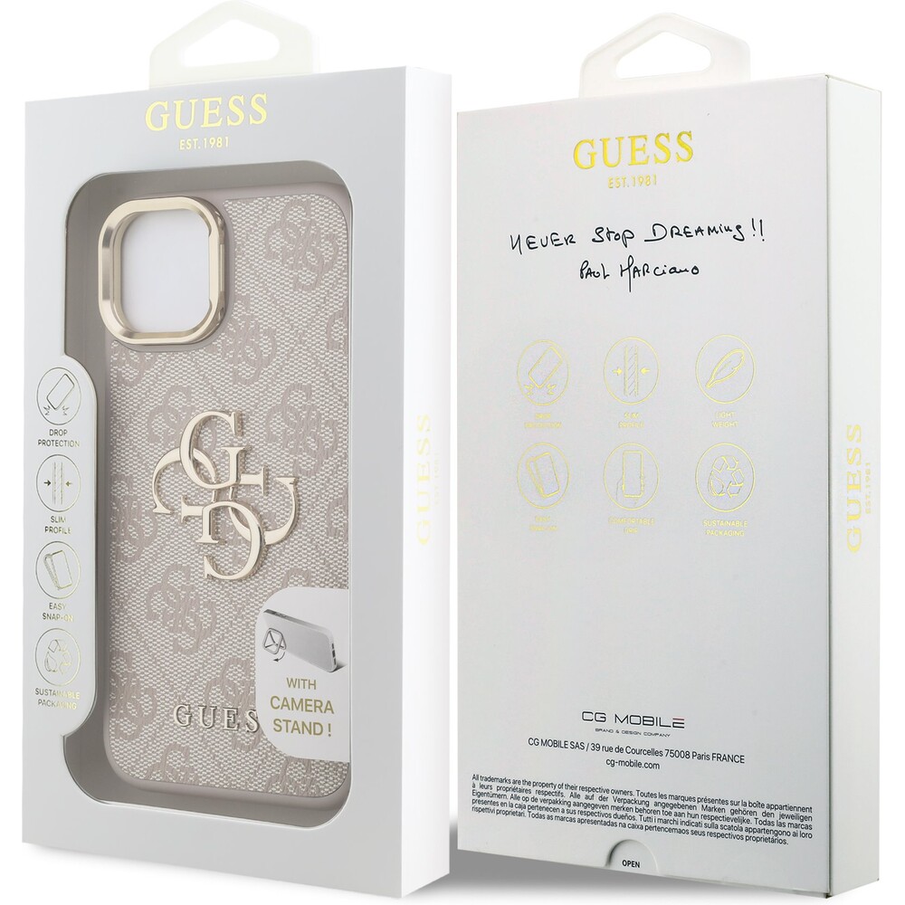 Guess-PU-4G-Metal-Logo-Stand-Camera-Frame-kryt-iPhone-15-ruzovy