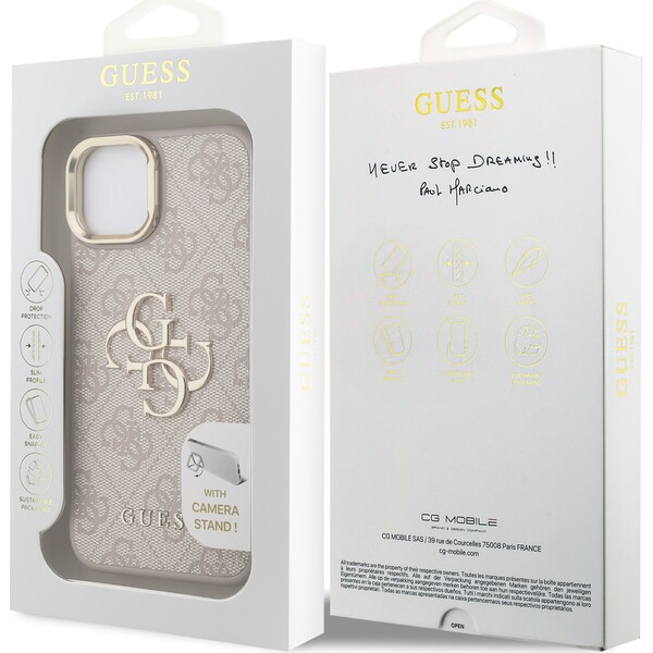 Guess-PU-4G-Metal-Logo-Stand-Camera-Frame-kryt-iPhone-15-ruzovy