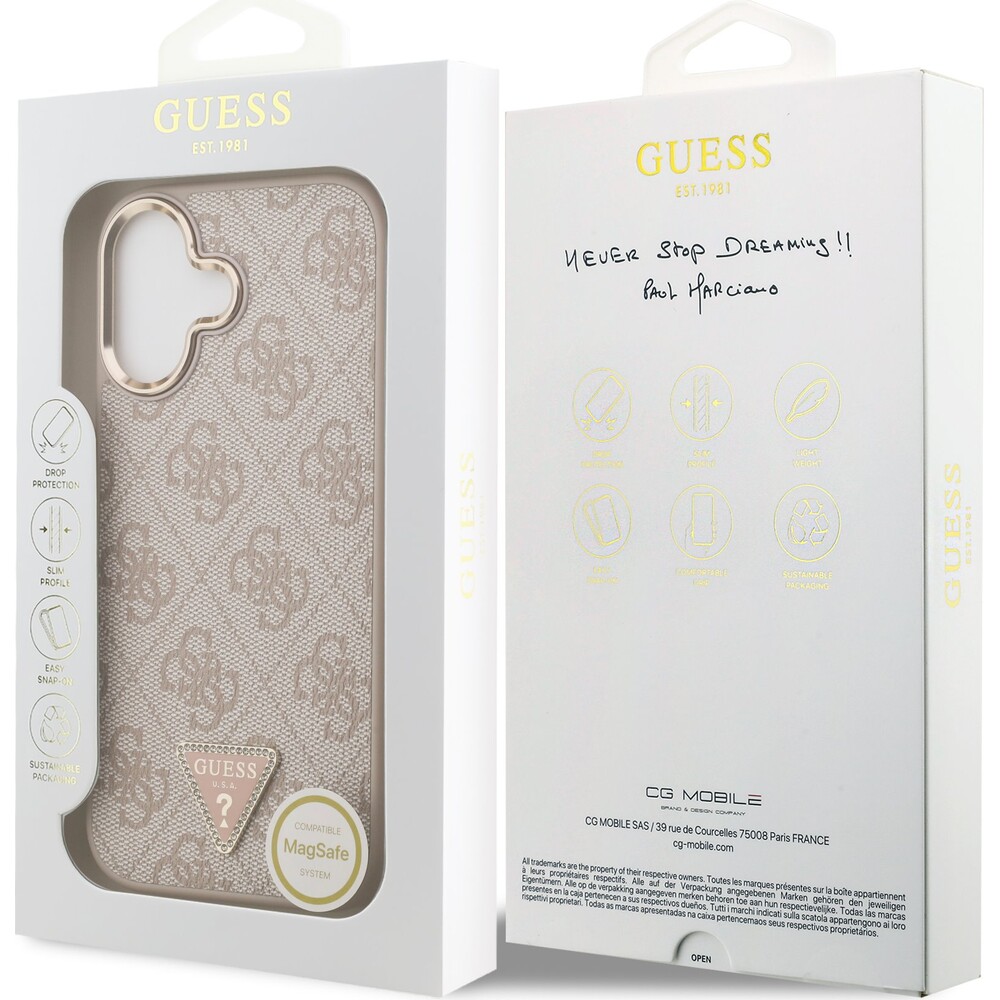 Guess-PU-Leather-4G-Triangle-Logo-Gold-Frame-MagSafe-kryt-iPhone-17-ruzovy