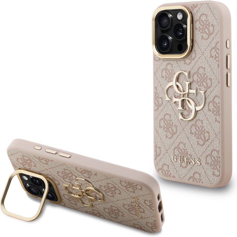 Guess-PU-4G-Metal-Logo-Stand-Camera-Frame-kryt-iPhone-15-Pro-Max-ruzovy
