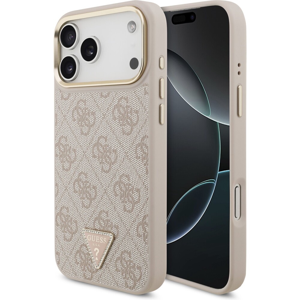 Guess-PU-Leather-4G-Triangle-Logo-Gold-Frame-MagSafe-kryt-iPhone-17-Pro-Max-ruzovy