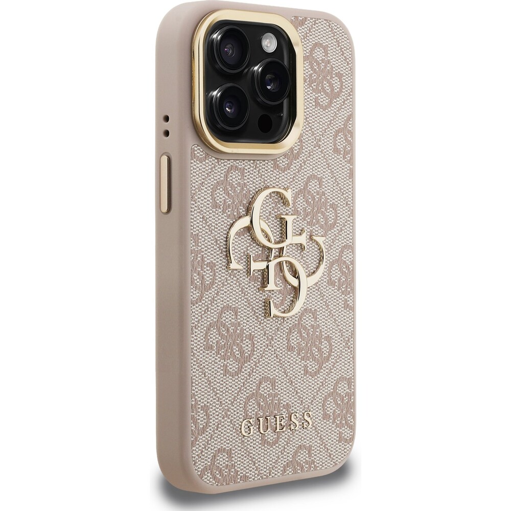 Guess-PU-4G-Metal-Logo-Stand-Camera-Frame-kryt-iPhone-15-Pro-ruzovy