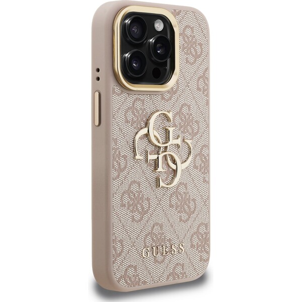 Guess-PU-4G-Metal-Logo-Stand-Camera-Frame-kryt-iPhone-15-Pro-ruzovy