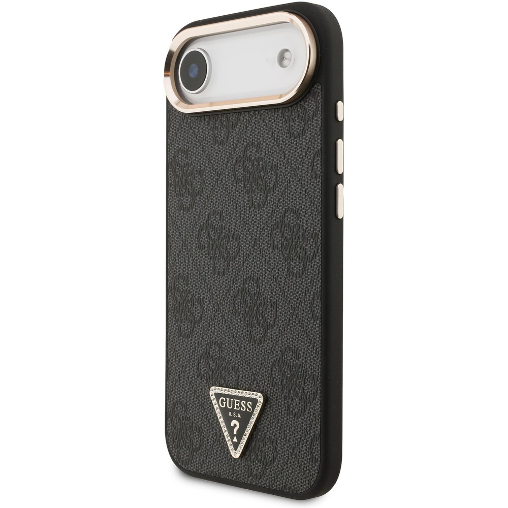 Guess-PU-Leather-4G-Triangle-Logo-Gold-Frame-MagSafe-kryt-iPhone-Air-cerny