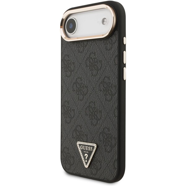 Guess-PU-Leather-4G-Triangle-Logo-Gold-Frame-MagSafe-kryt-iPhone-Air-cerny