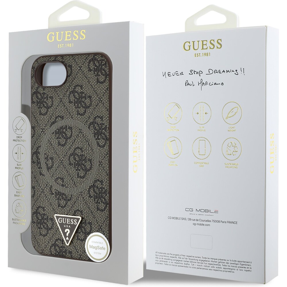 Guess-PU-4G-Strass-Triangle-Metal-Logo-kryt-iPhone-17e-16e-hnedy