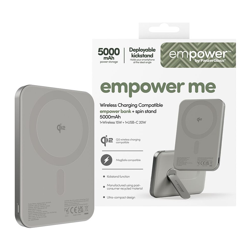 PanzerGlass-empower-bezdratova-Qi2-powerbanka-5000-mAh-MagSafe-otocny-stojanek-seda