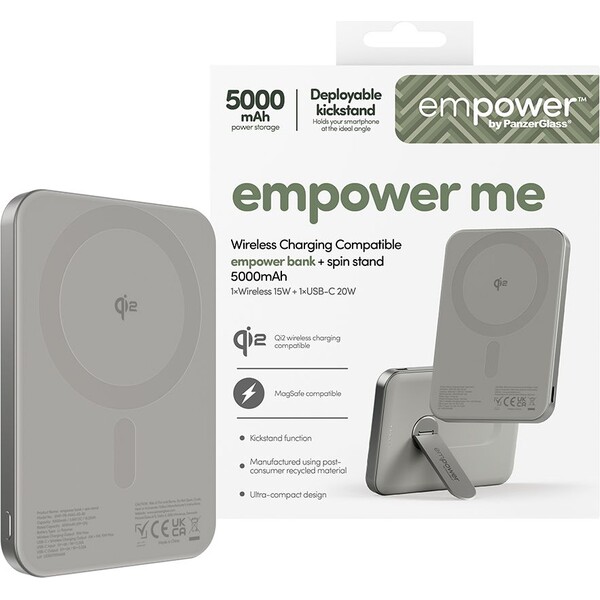 PanzerGlass-empower-bezdratova-Qi2-powerbanka-5000-mAh-MagSafe-otocny-stojanek-seda