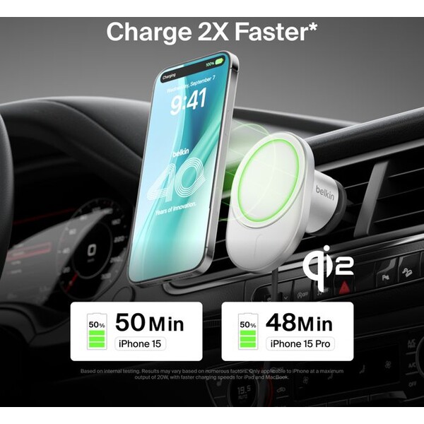 Belkin-BOOST-CHARGE-Qi2-MagSafe-drzak-do-auta-15W-sedy