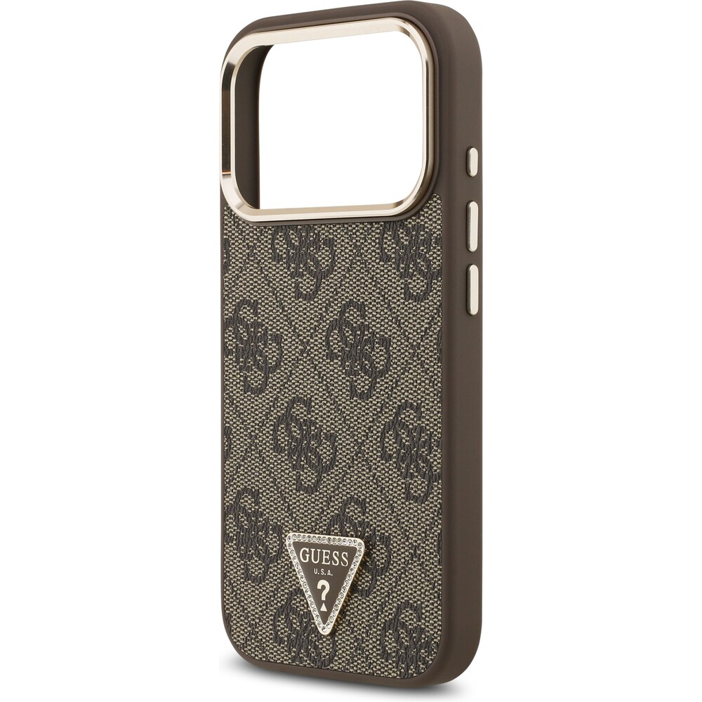 Guess-PU-Leather-4G-Triangle-Logo-Gold-Frame-MagSafe-kryt-iPhone-17-Pro-hnedy