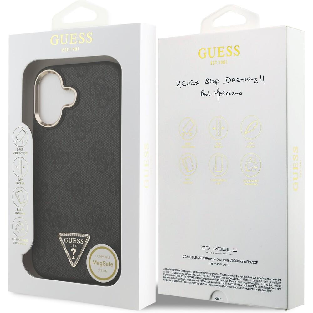 Guess-PU-Leather-4G-Triangle-Logo-Gold-Frame-MagSafe-kryt-iPhone-17-cerny