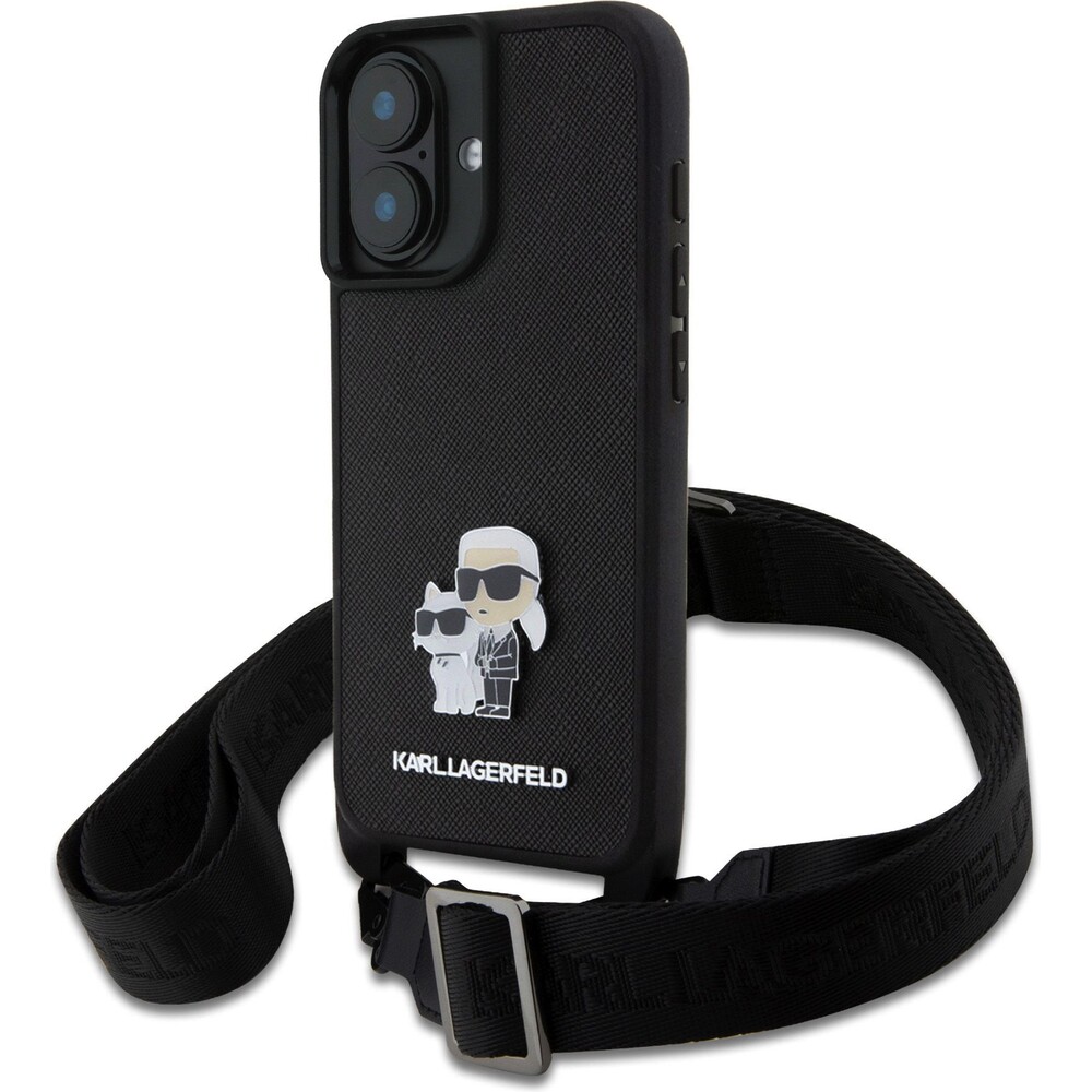 Karl-Lagerfeld-Saffiano-Crossbody-Popruh-Metal-Karl-and-Choupette-kryt-pro-iPhone-16-cerny