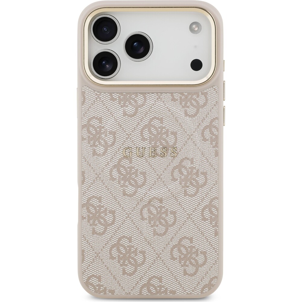 Guess-PU-Leather-4G-Gold-Frame-MagSafe-kryt-iPhone-17-Pro-Max-ruzovy