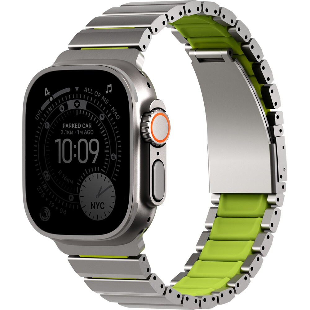 UNIQ-Strova-Flex-titanovy-reminek-pro-Apple-Watch-49-46-45-44mm-Titanium-Silver-Lime-Green