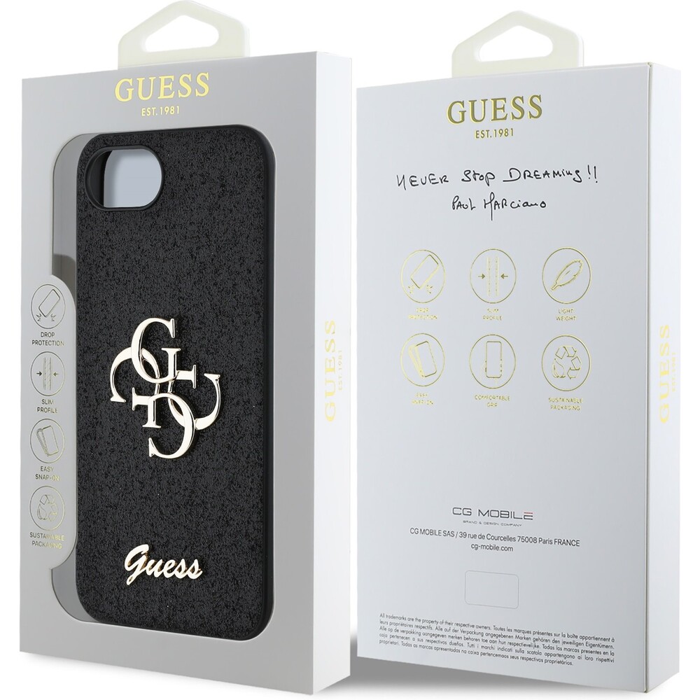 Guess-PU-Fixed-Glitter-4G-Metal-Logo-kryt-iPhone-17e-16e-cerny