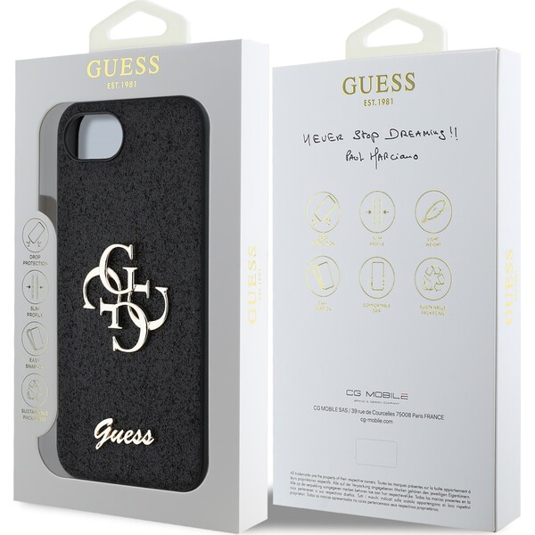 Guess-PU-Fixed-Glitter-4G-Metal-Logo-kryt-iPhone-17e-16e-cerny