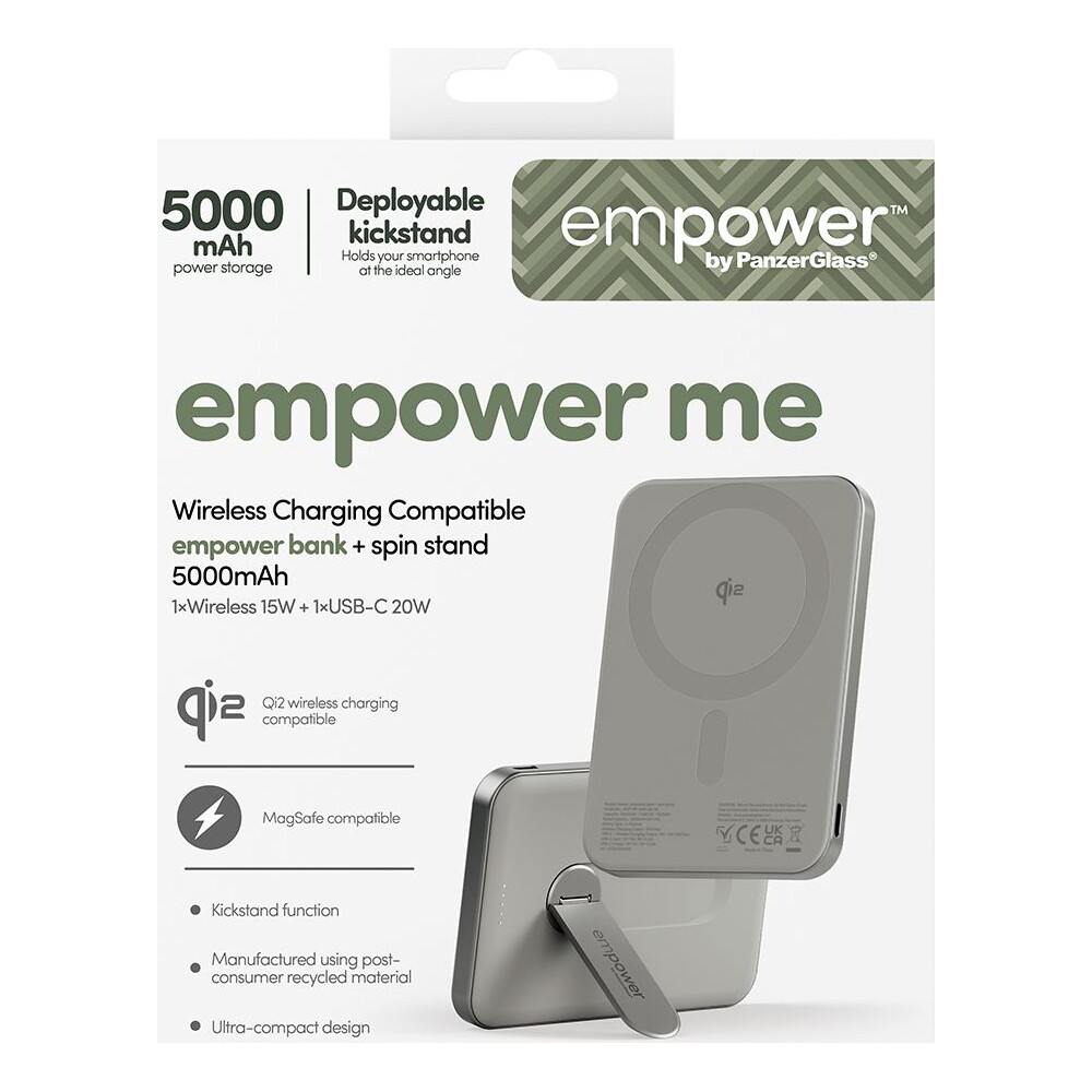 PanzerGlass-empower-bezdratova-Qi2-powerbanka-5000-mAh-MagSafe-otocny-stojanek-seda