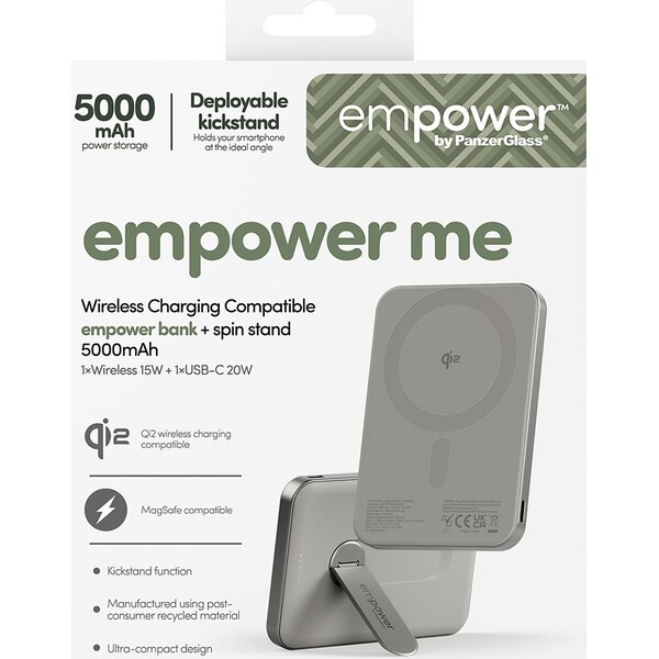 PanzerGlass-empower-bezdratova-Qi2-powerbanka-5000-mAh-MagSafe-otocny-stojanek-seda