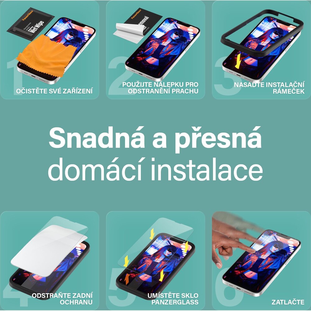 PanzerGlass-SAFE-Ultra-Wide-Fit-sklo-Apple-iPhone-17e-16e-14-13-13-Pro-s-instalacnim-rameckem