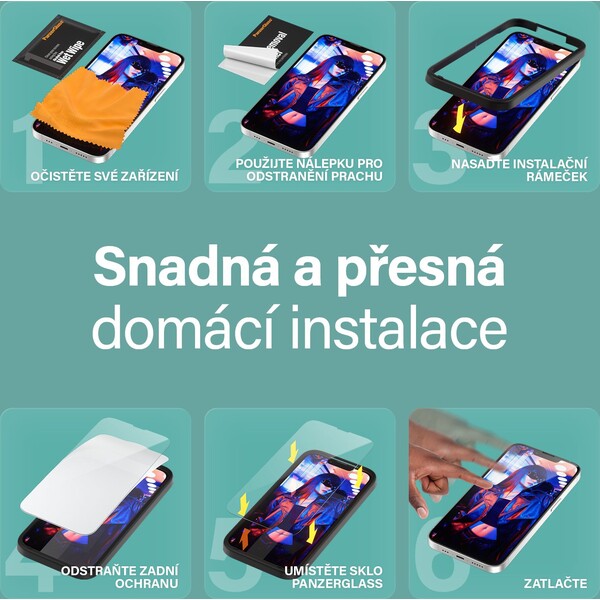 PanzerGlass-SAFE-Ultra-Wide-Fit-sklo-Apple-iPhone-17e-16e-14-13-13-Pro-s-instalacnim-rameckem