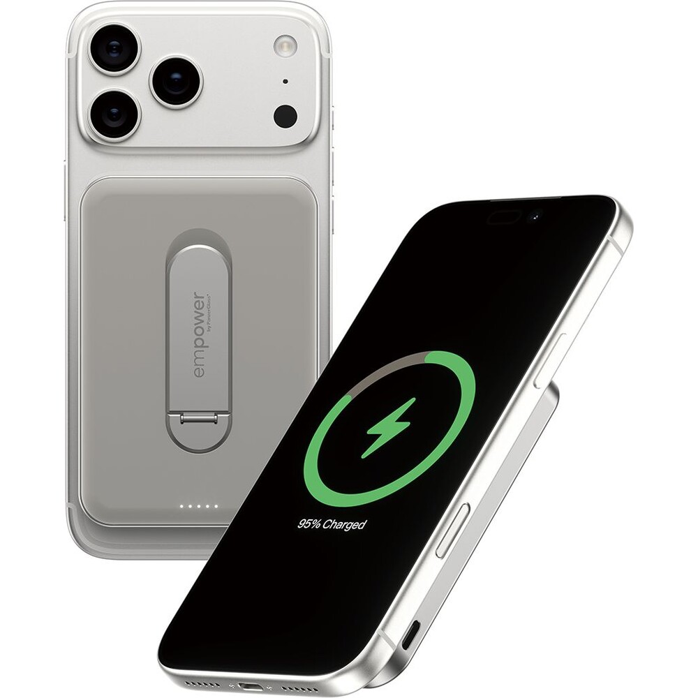 PanzerGlass-empower-bezdratova-Qi2-powerbanka-5000-mAh-MagSafe-otocny-stojanek-seda