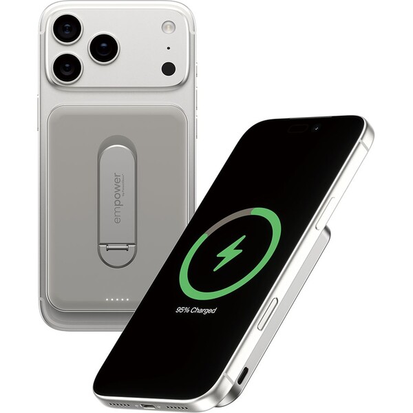 PanzerGlass-empower-bezdratova-Qi2-powerbanka-5000-mAh-MagSafe-otocny-stojanek-seda