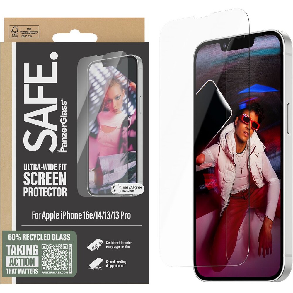 PanzerGlass-SAFE-Ultra-Wide-Fit-sklo-Apple-iPhone-17e-16e-14-13-13-Pro-s-instalacnim-rameckem