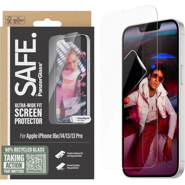 PanzerGlass-SAFE-Ultra-Wide-Fit-sklo-Apple-iPhone-17e-16e-14-13-13-Pro-s-instalacnim-rameckem