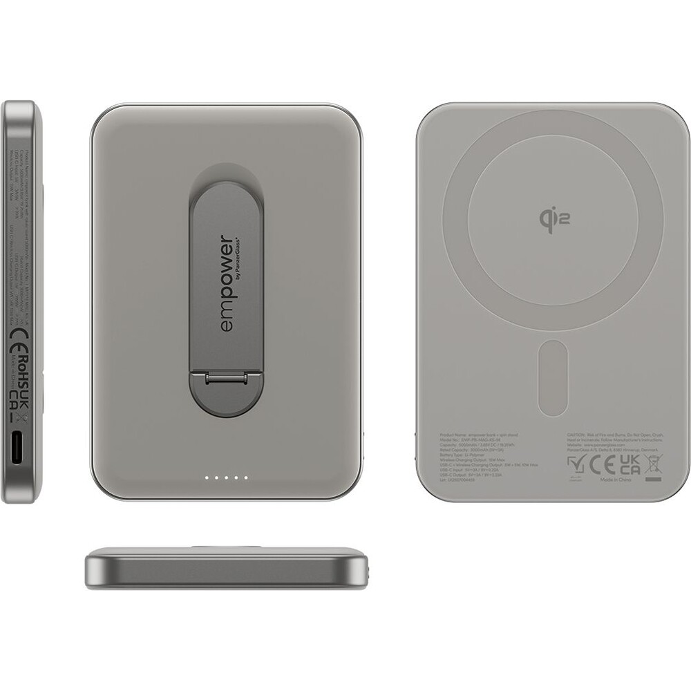 PanzerGlass-empower-bezdratova-Qi2-powerbanka-5000-mAh-MagSafe-otocny-stojanek-seda