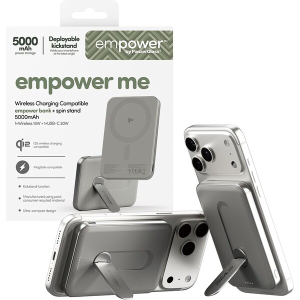 PanzerGlass-empower-bezdratova-Qi2-powerbanka-5000-mAh-MagSafe-otocny-stojanek-seda