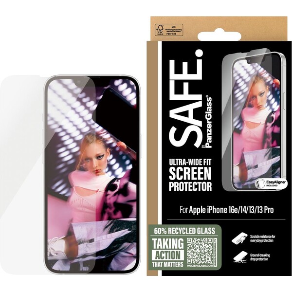 PanzerGlass-SAFE-Ultra-Wide-Fit-sklo-Apple-iPhone-17e-16e-14-13-13-Pro-s-instalacnim-rameckem