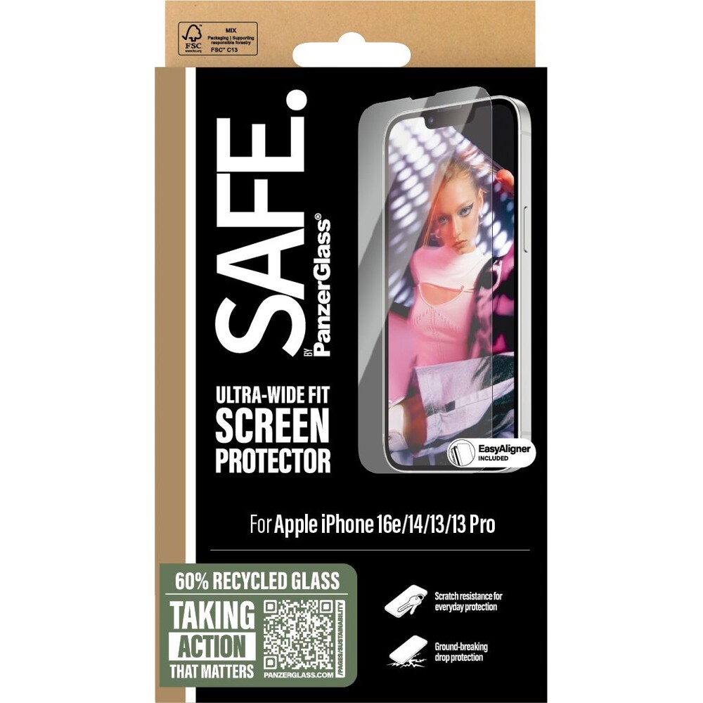 PanzerGlass-SAFE-Ultra-Wide-Fit-sklo-Apple-iPhone-17e-16e-14-13-13-Pro-s-instalacnim-rameckem
