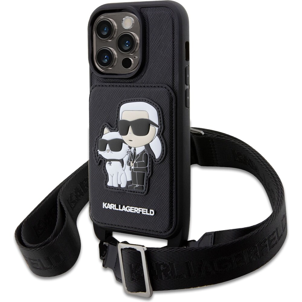Karl-Lagerfeld-Saffiano-Crossbody-Karl-and-Choupette-NFT-kryt-pro-iPhone-14-Pro-cerny
