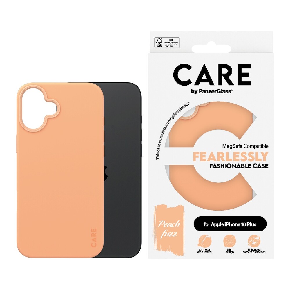 PanzerGlass-CARE-kryt-Apple-iPhone-16-Plus-MagSafe-Fearlessly-broskvovy