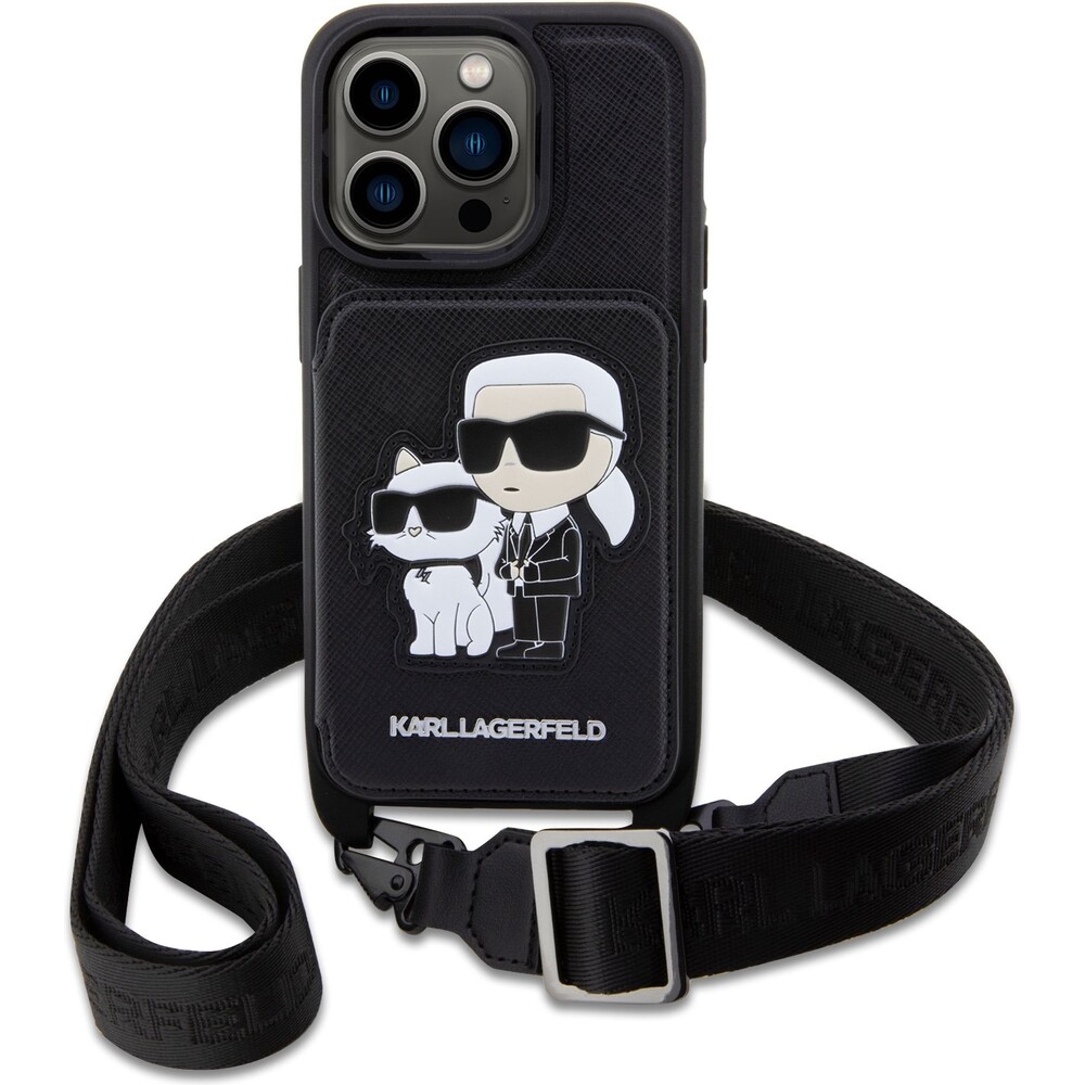 Karl-Lagerfeld-Saffiano-Crossbody-Karl-and-Choupette-NFT-kryt-pro-iPhone-14-Pro-cerny