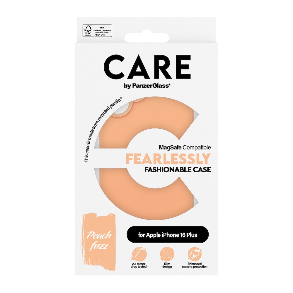 PanzerGlass-CARE-kryt-Apple-iPhone-16-Plus-MagSafe-Fearlessly-broskvovy