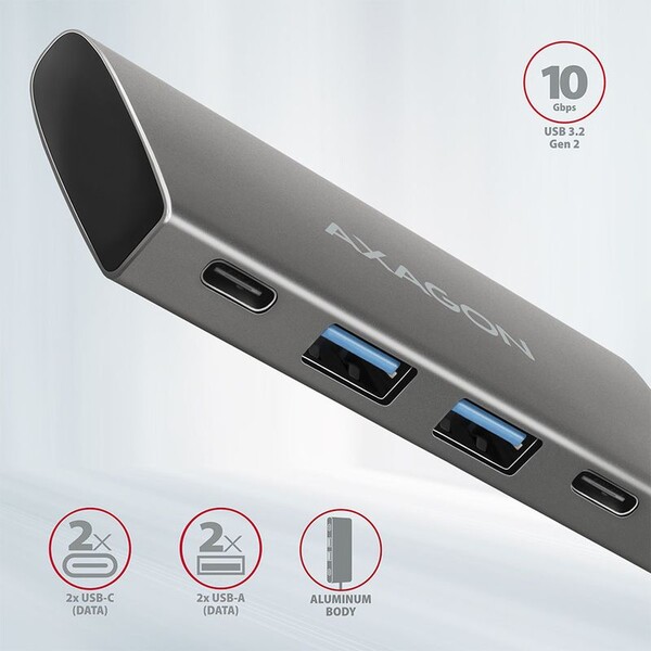 AXAGON-HMC4G2-USBC-3-2-Gen-2-10-Gbps-hub-w-2x-USBA-2x-USBC-13cm-USBC-cable