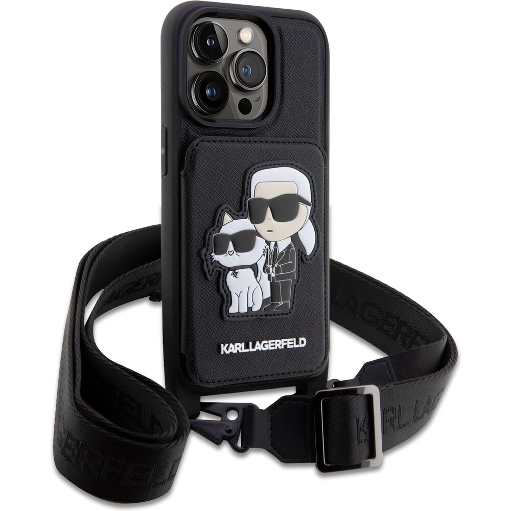 Karl-Lagerfeld-Saffiano-Crossbody-Karl-and-Choupette-NFT-kryt-pro-iPhone-14-Pro-cerny