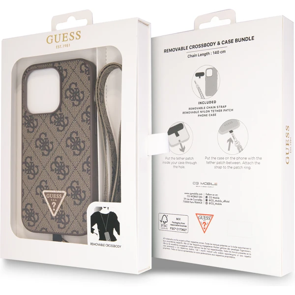 Guess PU 4G Strass Triangle Metal Logo Kryt + Crossbody Popruh iPhone 15 Pro Max hnědý - Pouzdra - Obrázek I9K8000601