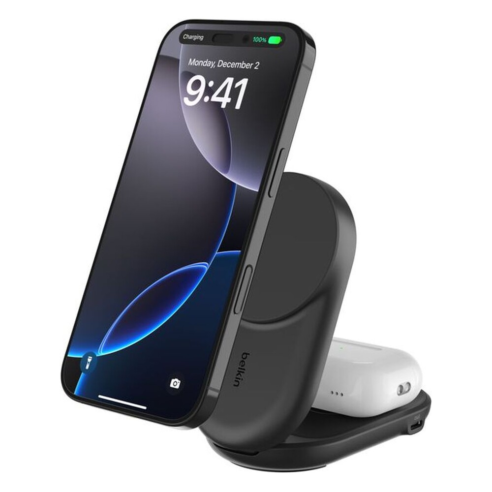 Belkin-UltraCharge-Qi2-25W-2v1-MagSafe-nabijecka-pro-iPhone-AirPods-s-USB-C-cerna