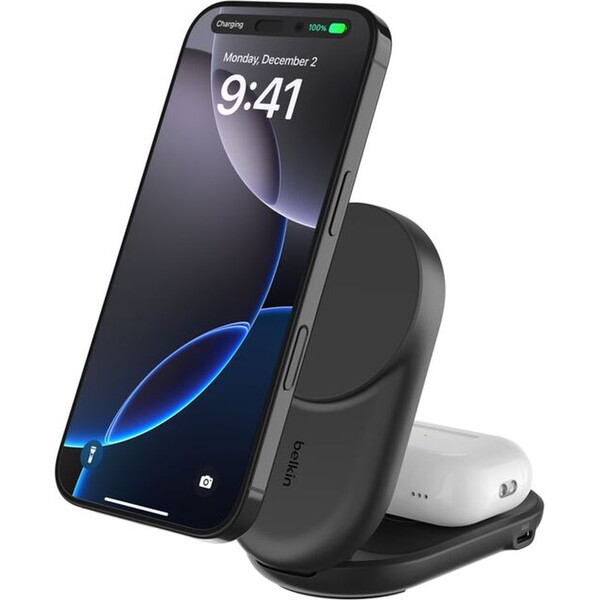 Belkin-UltraCharge-Qi2-25W-2v1-MagSafe-nabijecka-pro-iPhone-AirPods-s-USB-C-cerna