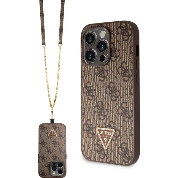 Guess PU 4G Strass Triangle Metal Logo Kryt + Crossbody Popruh iPhone 15 Pro Max hnědý - Pouzdra - Hlavní obrázek