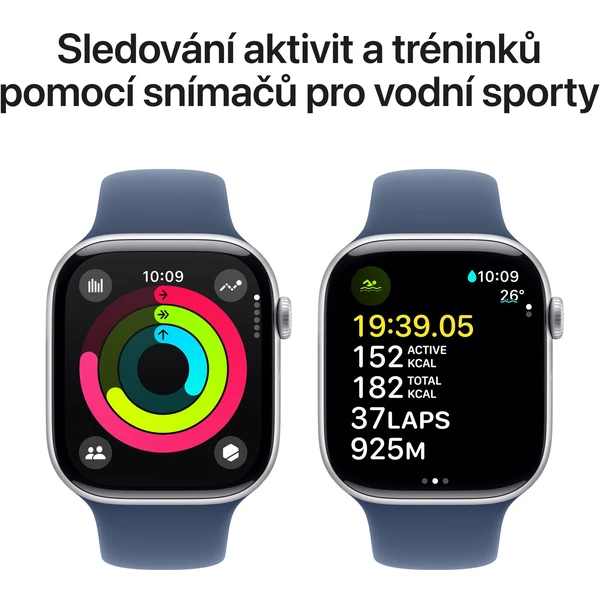 Apple Watch Series 10 Cellular 46mm Stříbrný hliník s denimovým sportovním řemínkem S/M - Chytré hodinky - Obrázek JKQ7000K01