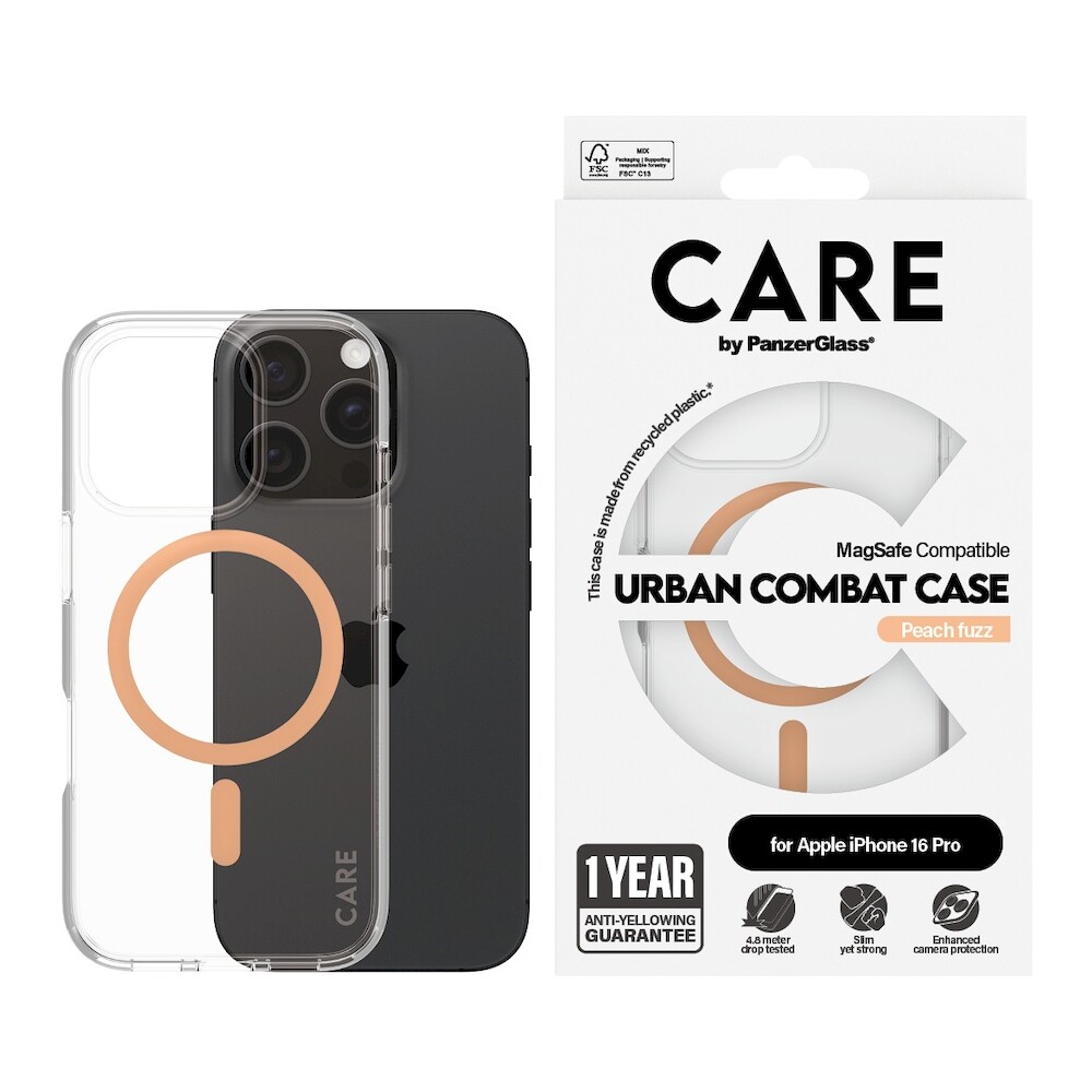 PanzerGlass-CARE-kryt-Apple-iPhone-16-Pro-MagSafe-Urban-Combat-ciry-broskvovy