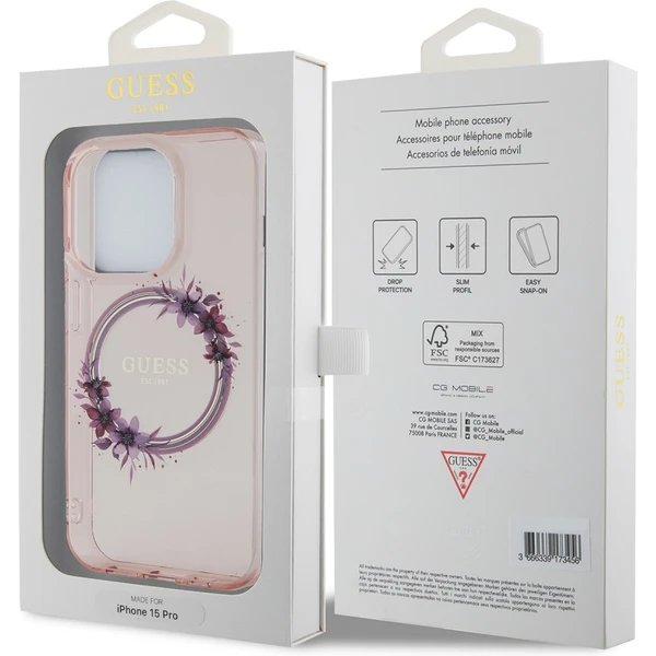 Guess PC/TPU Flowers Ring Glossy Logo MagSafe kryt iPhone 15 Pro Max růžový - Pouzdra - Obrázek K562000N01